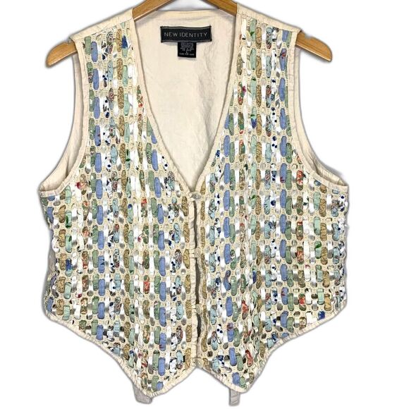 Women VTG New Identity Ribbon Vest Cottagecore Whimsy Basketweave Large - Picture 1 of 11